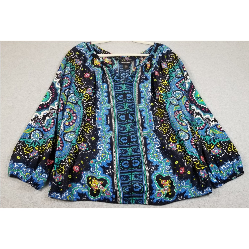 Lane Bryant Blouse Womens 14 16 Blue Paisley Boho Peasant Top Long Sleeve V-Neck